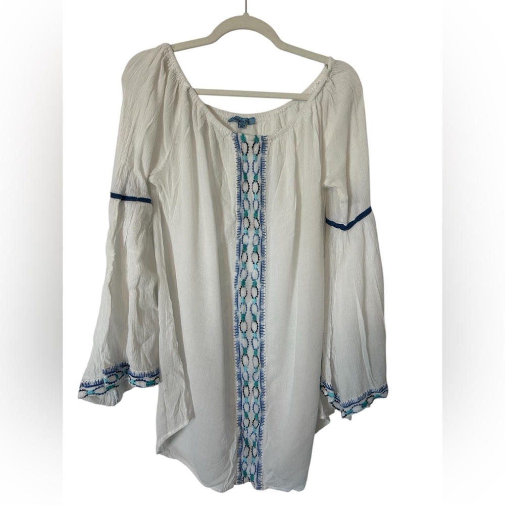 Solitaire White Blue Embroidered Swim Cover Up Large | Boho Beach Tunic